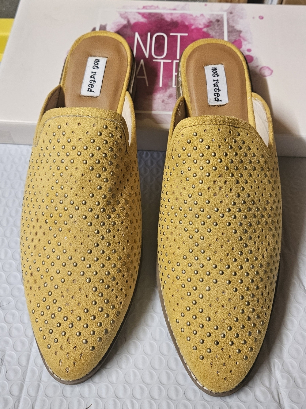 Not Rated Yellow Studded Suede Backless Mules